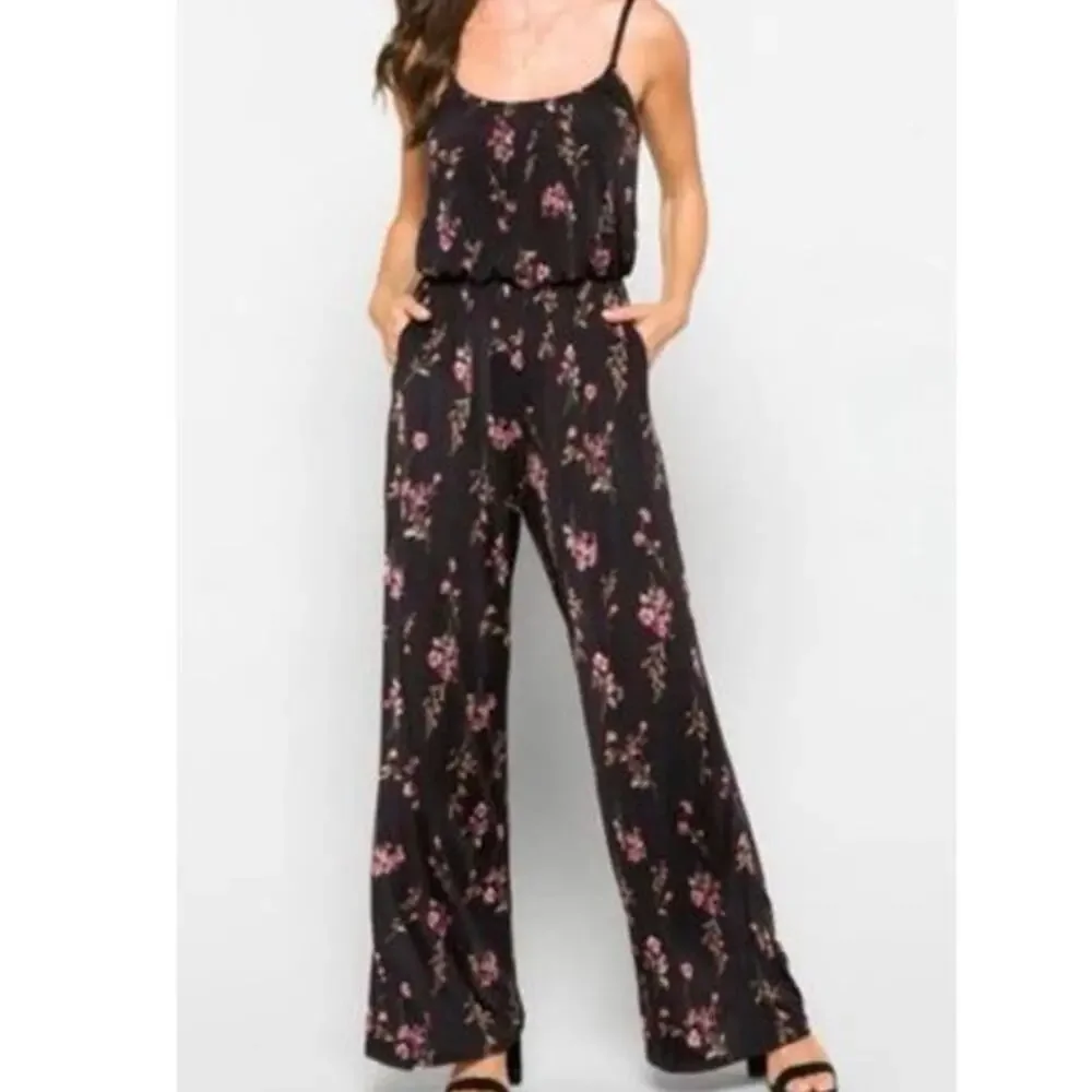 Kaileigh Women's Size Small Adalia Knit Black Floral Wide Leg Jumpsuit‎
